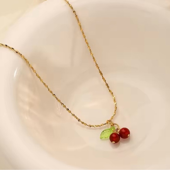 Stainless Steel Cherry Necklace Natural stone - Picture 1 of 6